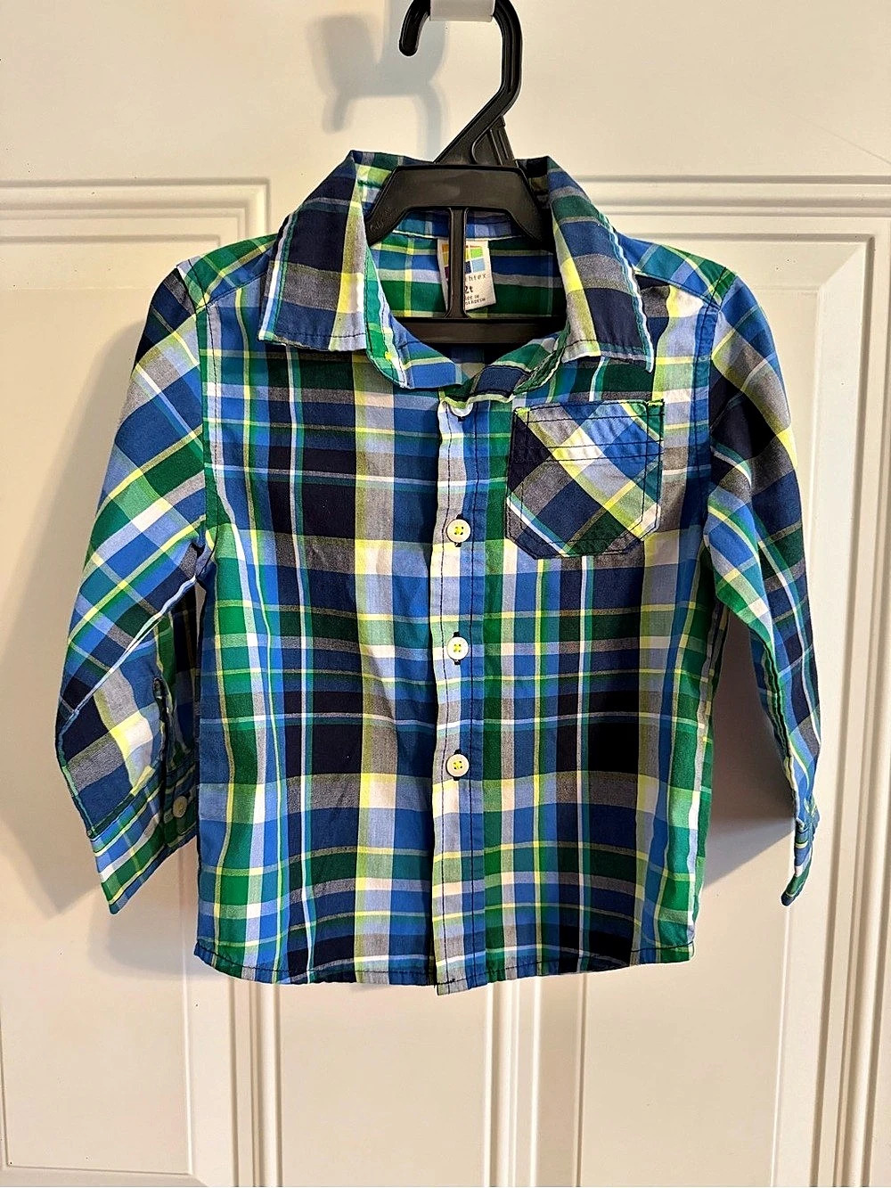 healthtex Boys 2T Plaid Button Down Shirt Blue & Green